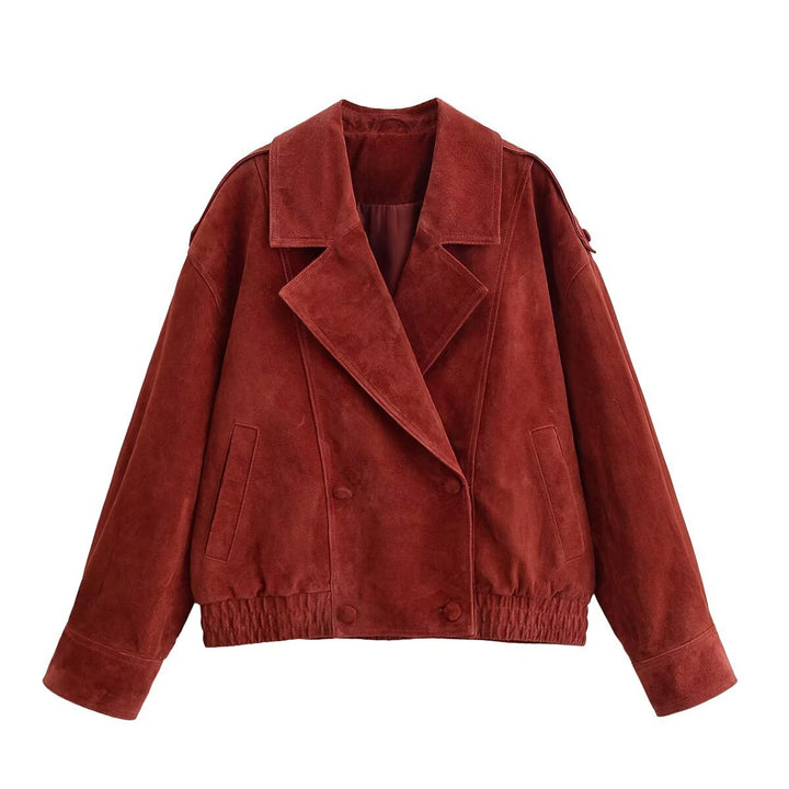 Damen Kurzjacke aus Veloursleder im Oversize‑Schnitt mit doppelreihiger Knopfleiste Drune