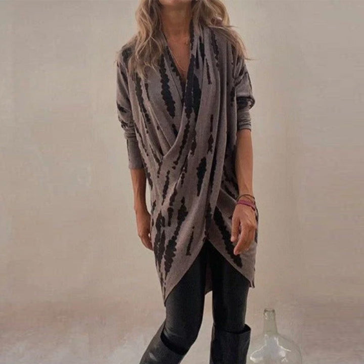 Damen drapierter Strickcardigan mit Wickeloptik, weichem Fall und abstraktem Muster Drune
