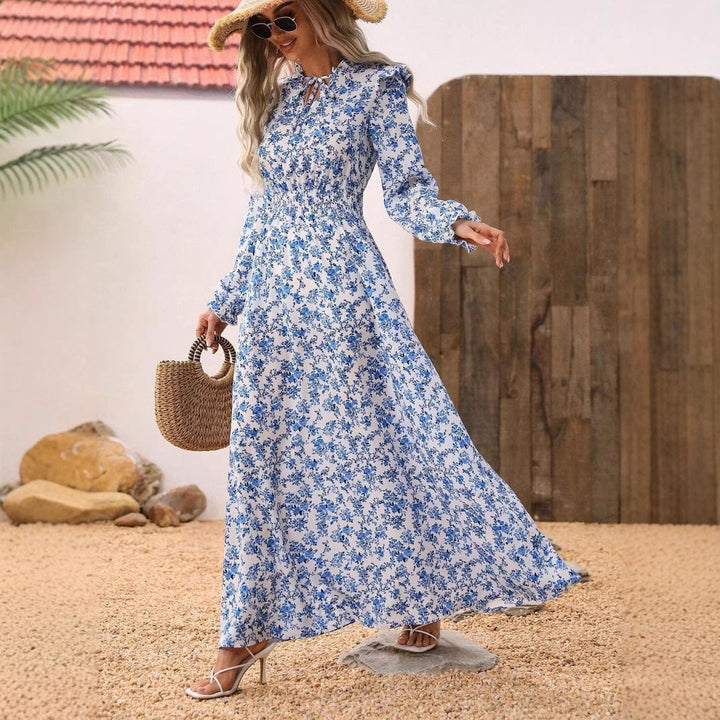 Drune | Floral Lange Ärmel Elegantes Frauen Lang Kleid