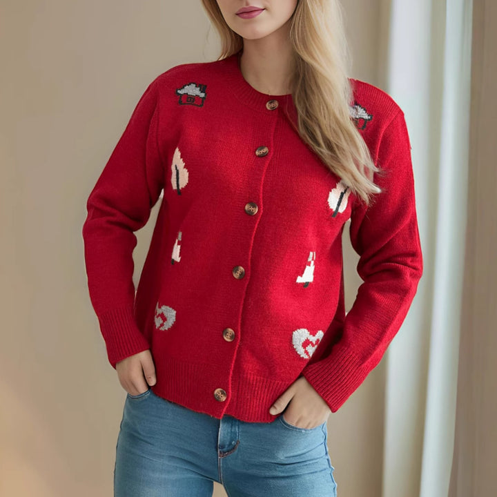 Damen Strickjacke mit bunten Applikationen und Knopfverschluss Drune