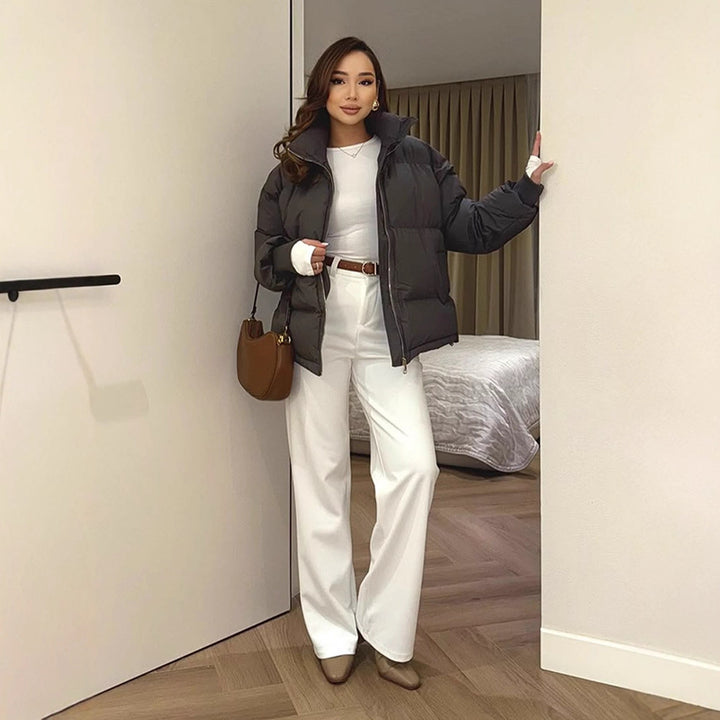 Damen Kurze taillierte Pufferjacke mit Rippbündchen und hohem Stehkragen Drune
