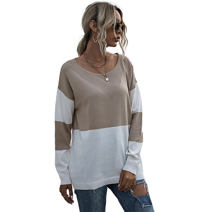 Damen Lässiger Strickpullover mit V-Ausschnitt und Farbblock Drune