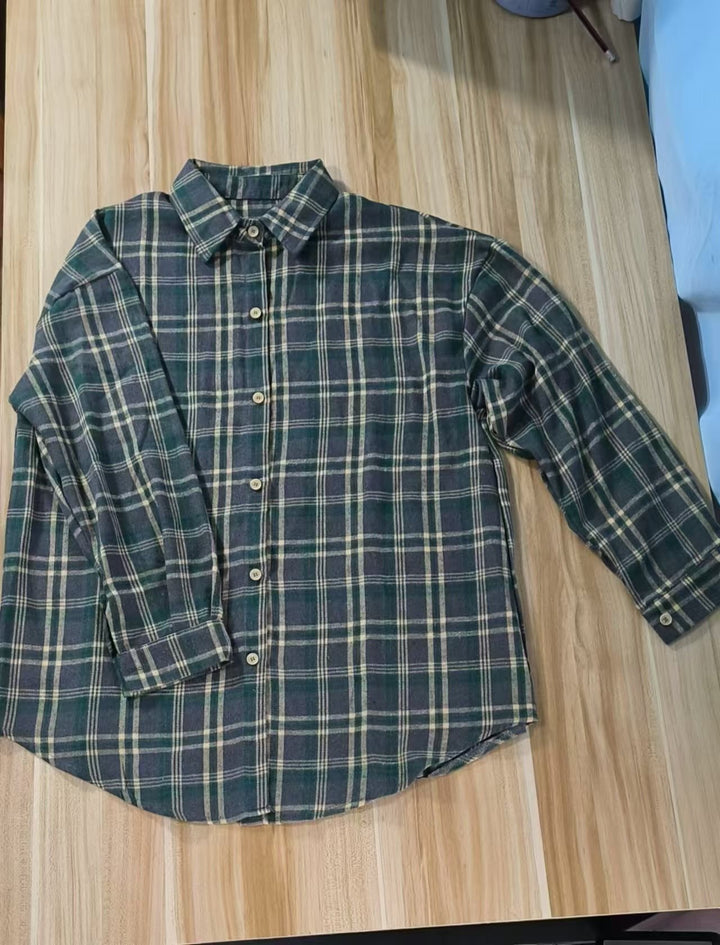 Damen Karobluse aus bequemer Baumwolle mit Button-Down-Kragen und langem Arm Drune