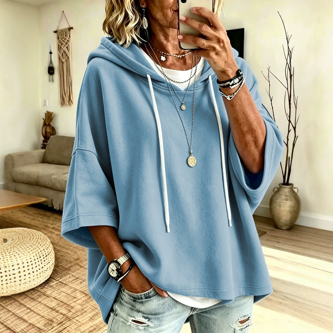 Damen Kurzarm-Oversize-Hoodie mit Kapuze und Kontrastkordel Drune
