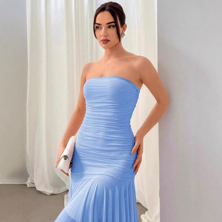 Damen Extravaganter Maxikleid mit Raffungen und asymmetrischem Saum Drune