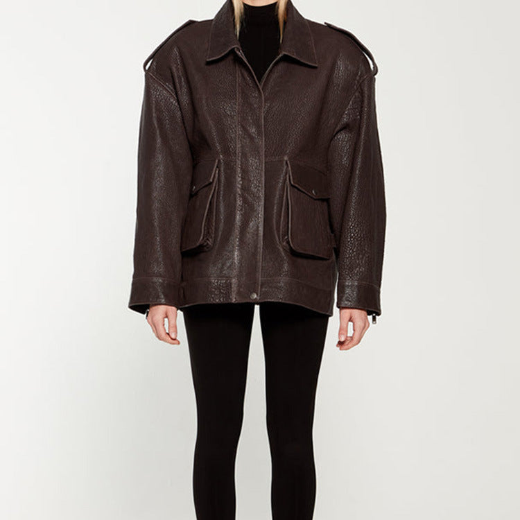 Damen Oversized Lederjacke im robusten Design mit praktischen Taschen Drune