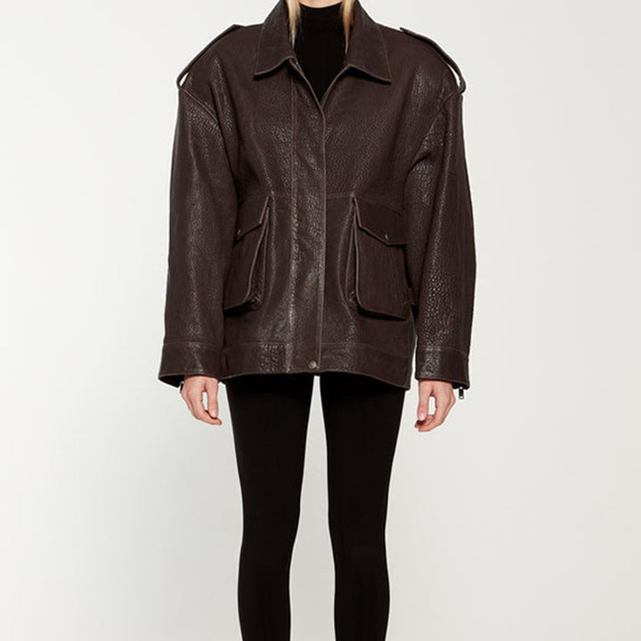Damen Oversized Lederjacke im robusten Design mit praktischen Taschen Drune
