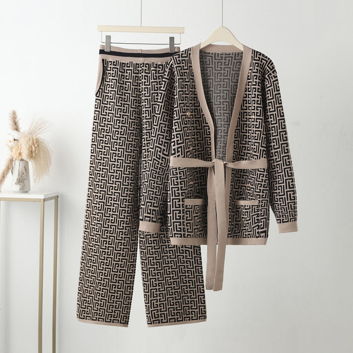 Damen lässiges Strick-Loungewear-Set mit geometrischem Muster Drune