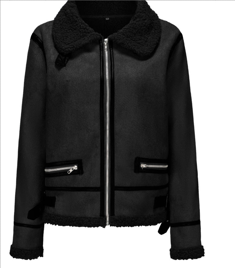 Damen Kurz geschnittene Aviator Lammfell‑Imitatjacke mit Teddyfutter und Kunstlederbesatz Drune
