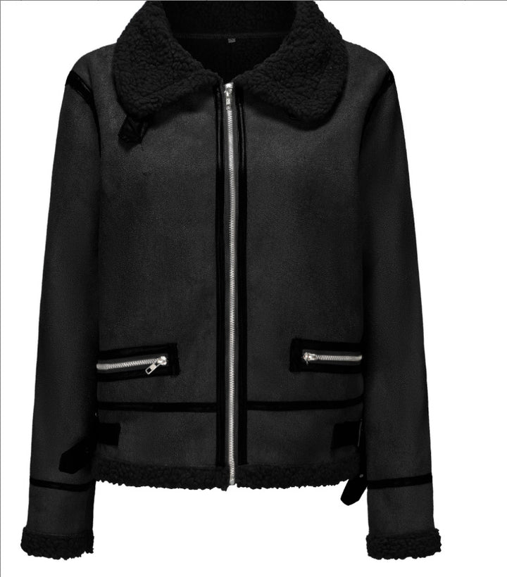 Damen Kurz geschnittene Aviator Lammfell‑Imitatjacke mit Teddyfutter und Kunstlederbesatz Drune
