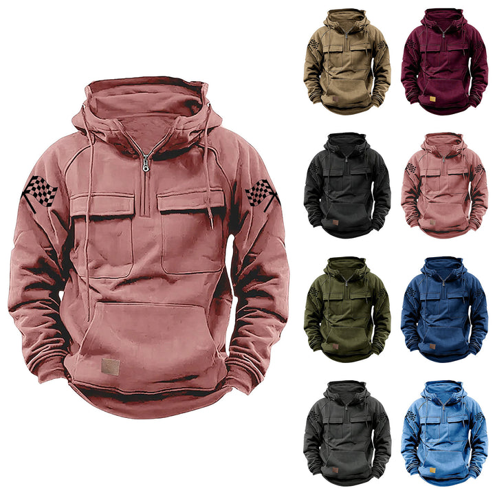 Herren nan Kapuzenpullover mit Halbzip, Cargo-Brusttaschen und Kängurutasche Drune