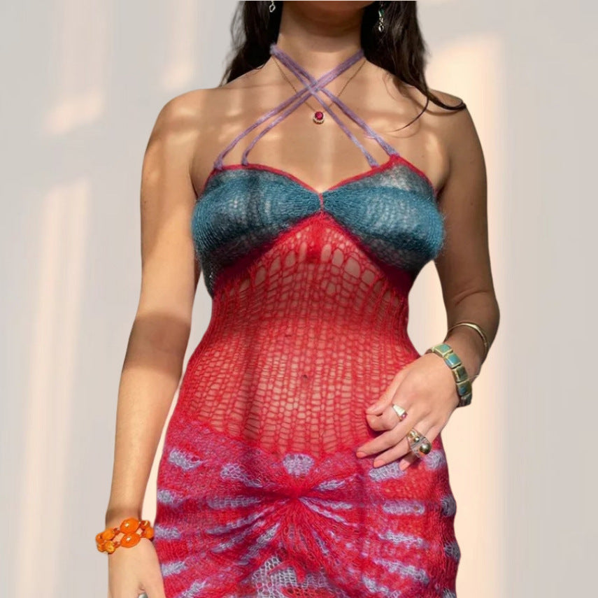 Damen Netzkleid mit kreativem Schnitt und verzierten Trägern Drune