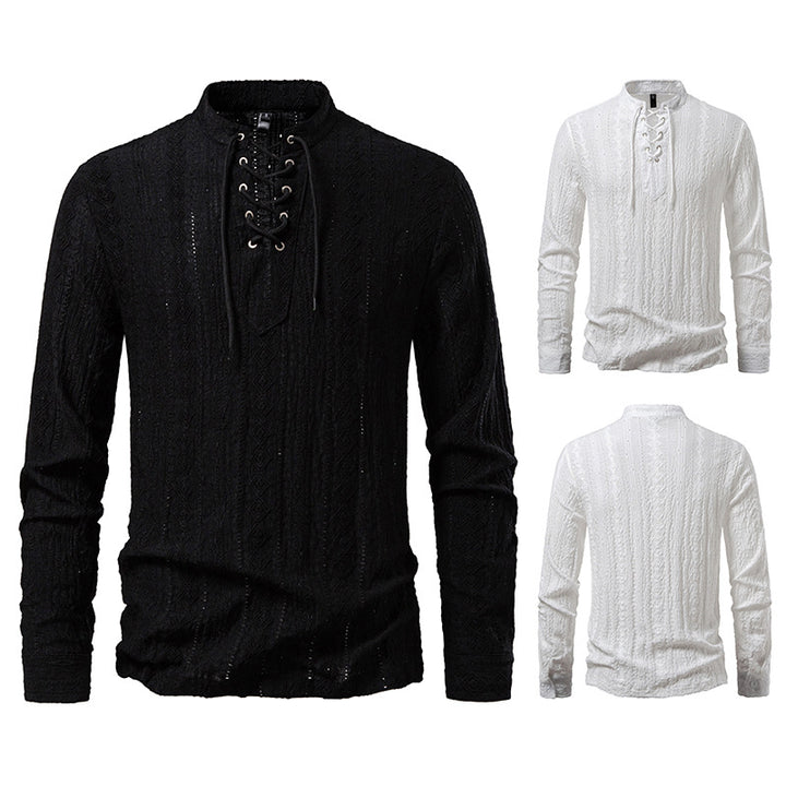 Herren Feinstruktur Henley-Langarmshirt mit Schnürung und Stehkragen Drune