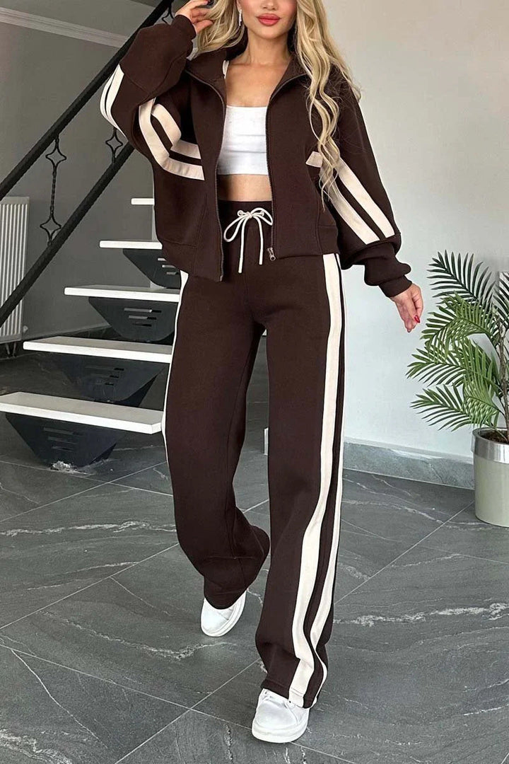 Drune | Gestreifte Zip up Cropped Sweatshirtjacke und Sporthose Zwei Teile Satz