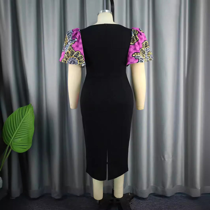 Damen figurbetontes Kleid mit bunten Puffärmeln und asymmetrischem Design Drune
