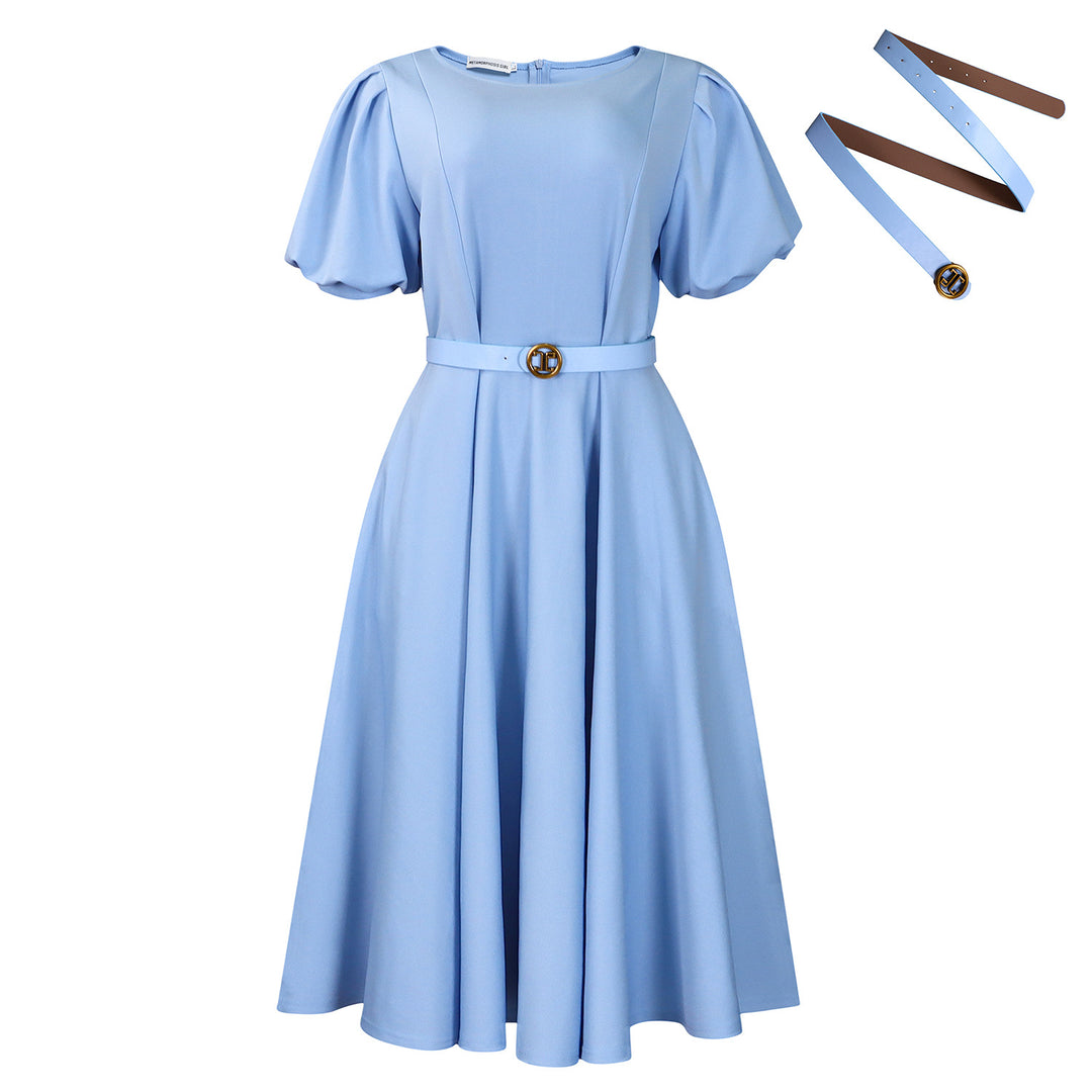 Damen Midi-Kleid mit Puffärmeln und tailliertem Gürtel Drune