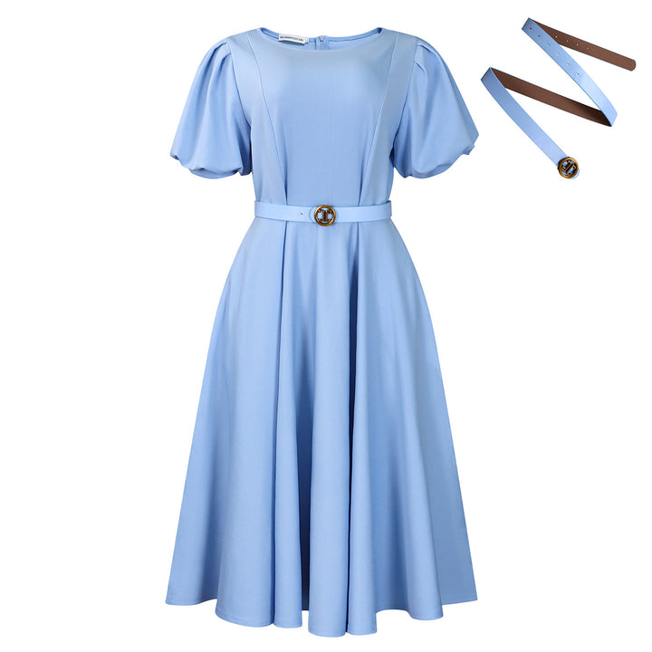 Damen Midi-Kleid mit Puffärmeln und tailliertem Gürtel Drune