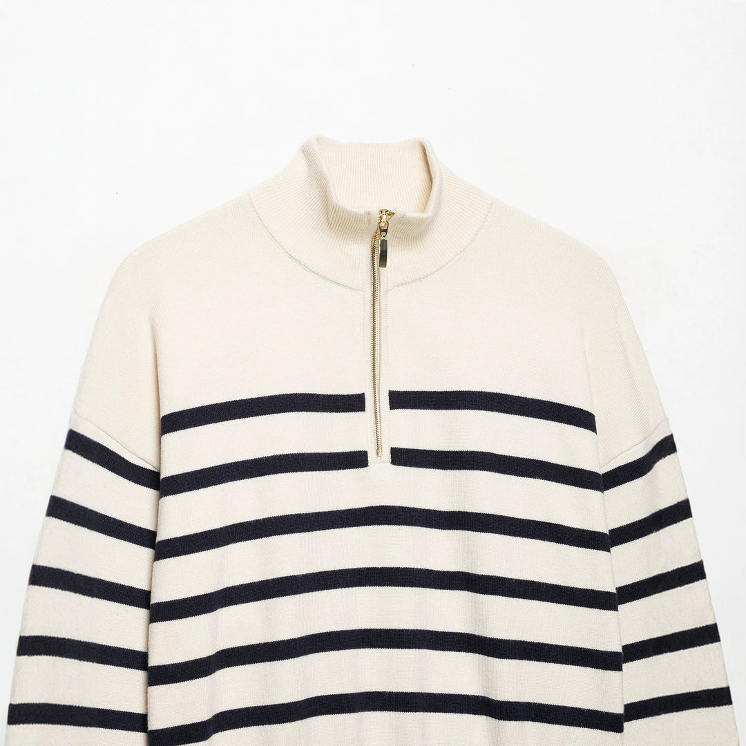 Damen Gestreifter Half-Zip Strickpullover mit Stehkragen Drune
