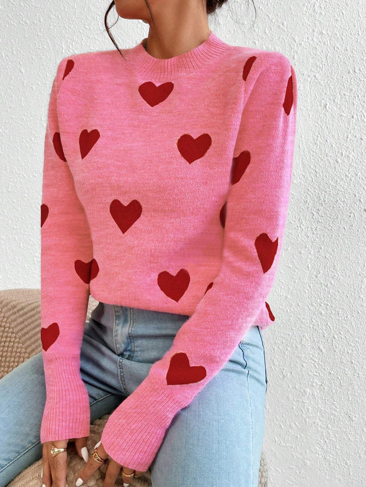 Damen nan kaschmirähnlicher Feinstrickpullover mit Allover-Herzmotiv, Rundhalsausschnitt und verlängerten Bündchen Drune