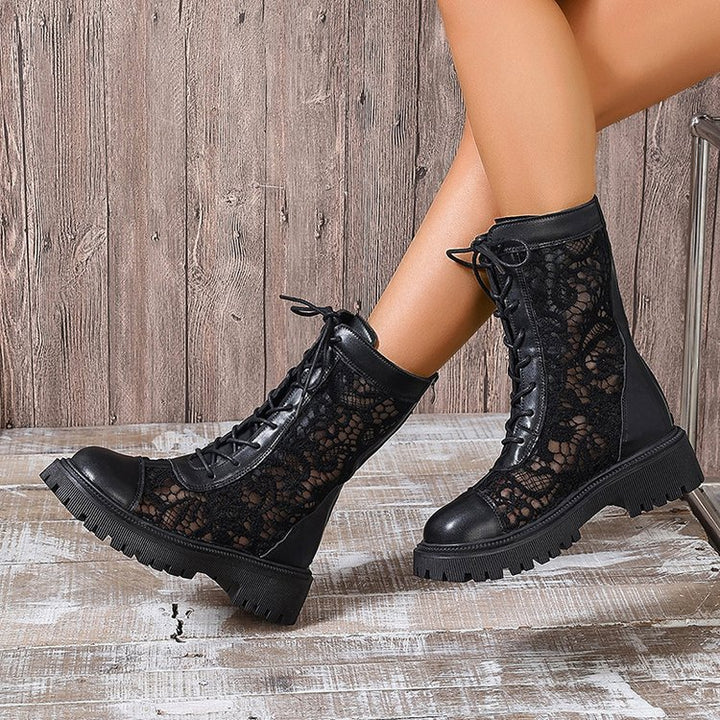 Damen Schnürstiefel mit Spitzeneinsätzen, robuster Profilsohle und Lederoptik Drune