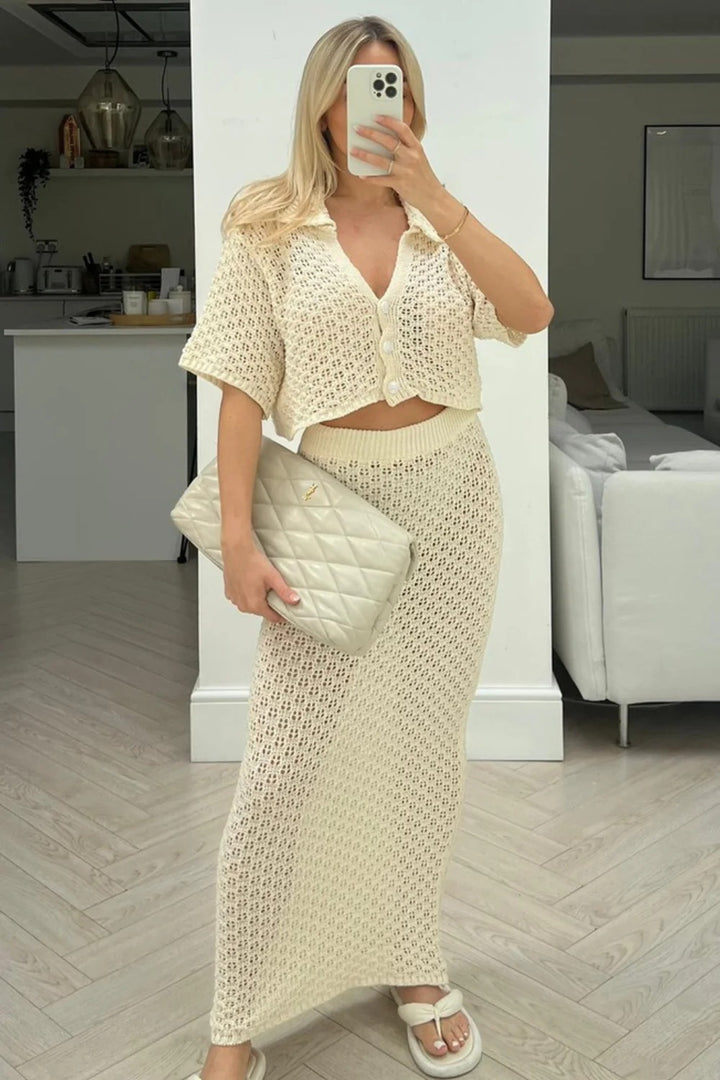Damen Strick-Set mit offenem Cardigan und maxi Rock Drune
