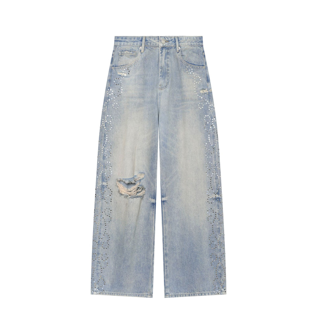 Damen Hochgeschnittene weite Jeans im verwaschenen Look mit Rissen und Nietenapplikation Drune