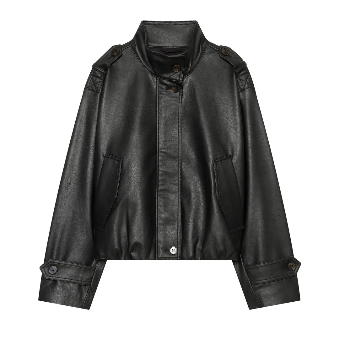 Damen Cropped Kunstleder‑Blousonjacke mit Funnelkragen, Epauletten und elastischem Saum Drune