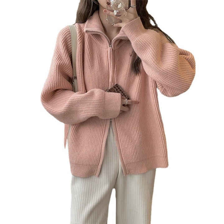 Damen lässiger Strickpullover mit halbhohem Kragen und Reißverschluss Drune