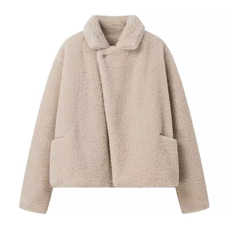 Damen kuschelige und stilvolle Teddy-Wolljacke mit schickem Revers und praktischen Taschen Drune