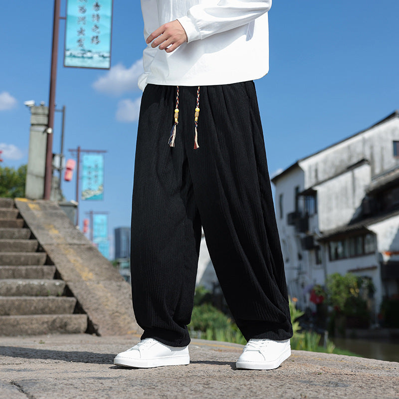 Herren Weit geschnittene Cord-Relaxhose mit elastischem Bund und Zierkordel Drune