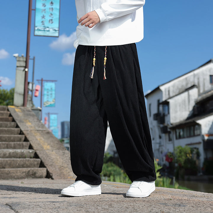 Herren Weit geschnittene Cord-Relaxhose mit elastischem Bund und Zierkordel Drune