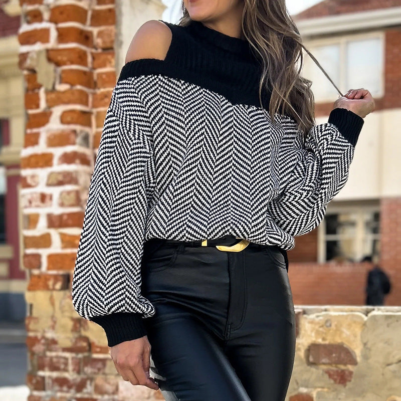 Damen Verspielter Strickpullover mit Schulterfreies Design Drune
