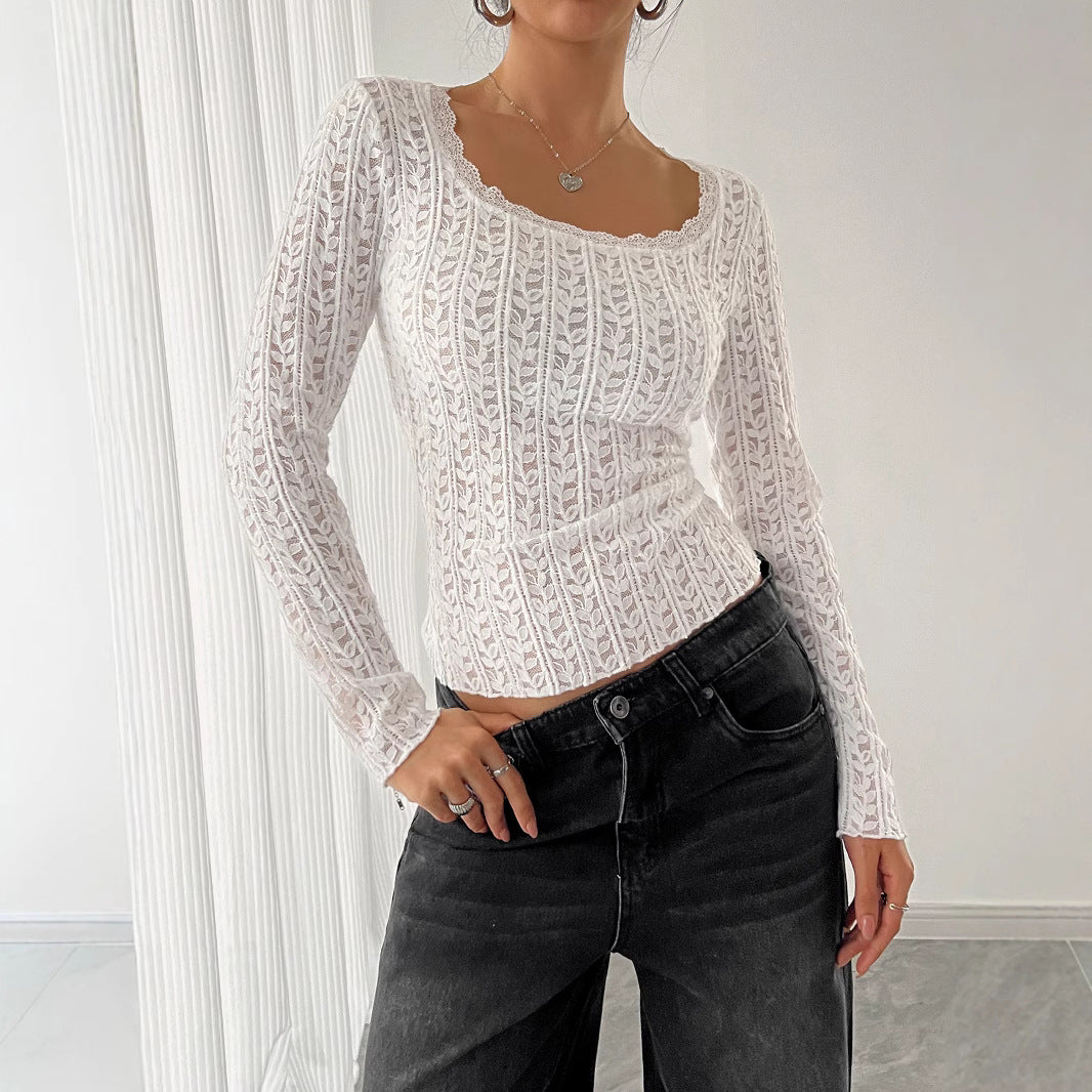 Damen nan figurbetontes Spitzen-Ajour-Langarmshirt mit Quadratausschnitt Drune