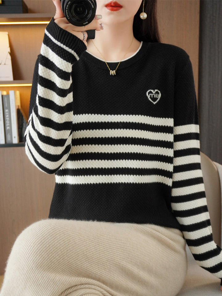 Damen Oversize-Strickpullover mit Wabenstruktur, kontrastierenden Streifen und dezentem Herzlogo Drune