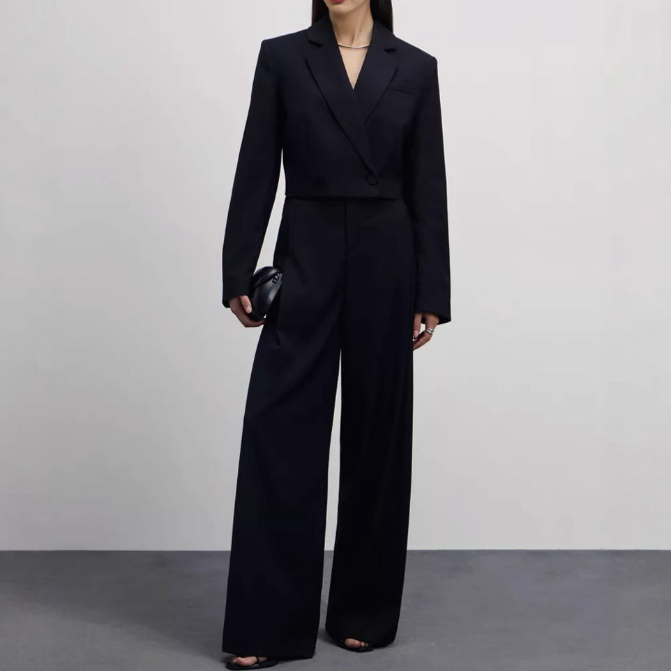 Damen modernes Blazer-Hosen-Set mit cropped Schnitt und weitem Bein Drune