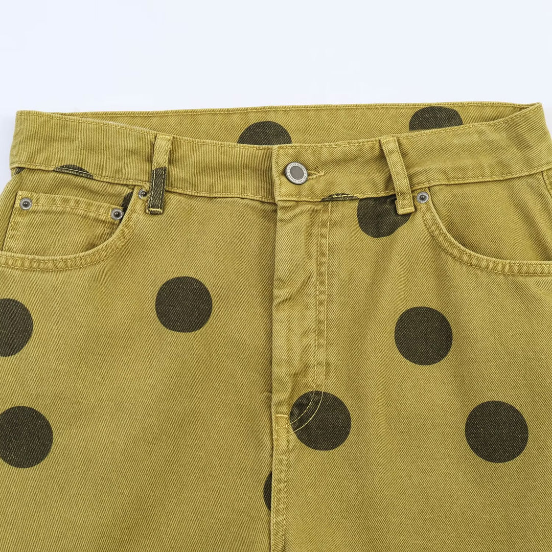 Damen Locker geschnittene High-Waist Geradehose mit großen Polka-Dots Drune