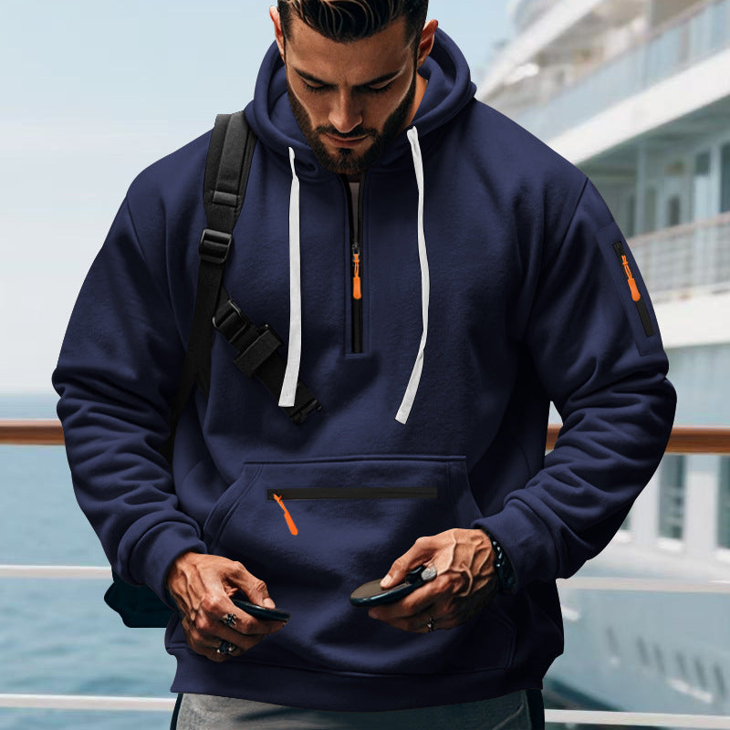 Herren nan technischer Halbzip-Outdoor-Hoodie mit verdeckter Kängurutasche, Reißverschluss-Ärmeltasche und integriertem Kabelkanal Drune