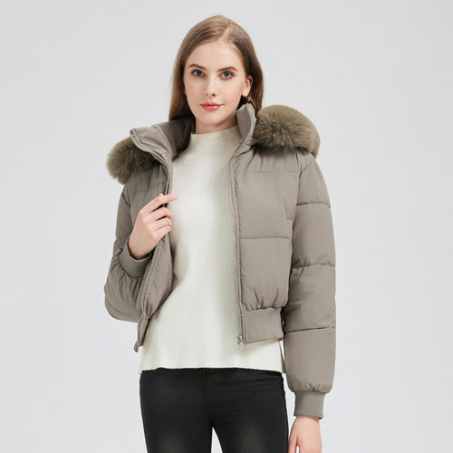 Damen nan kurzer gesteppter Kapuzenblouson mit Webpelzblende und geripptem Saum Drune