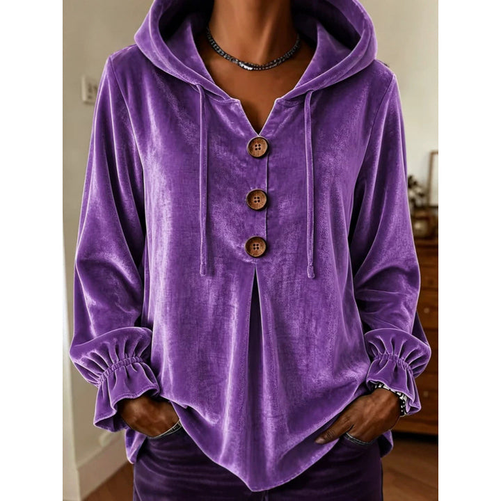 Damen Samt-Hoodie mit Holzknopfblende, Tunnelzug und gerafften Ärmeln Drune