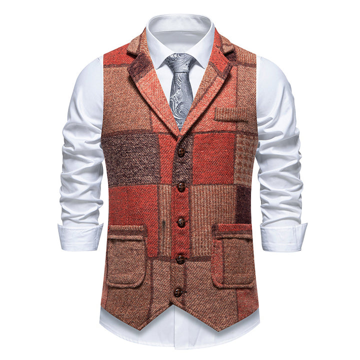 Herren nan Patchwork Weste mit Reverskragen Knopfleiste und aufgesetzten Taschen Drune