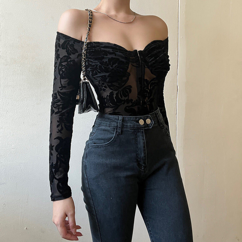 Damen Spitzenbustier mit schulterfreiem Design und langen Ärmeln Drune