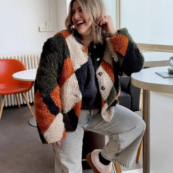 Damen Kurz geschnittene Patchwork‑Teddyjacke mit strukturierter Schlingenfaser und Druckknopfleiste Drune
