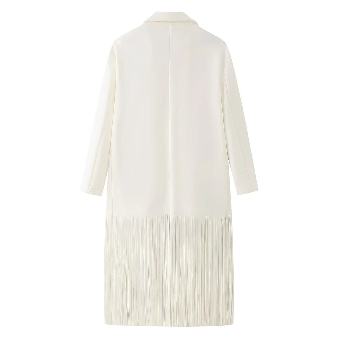 Damen nan langer Fransen‑Mantelblazer mit Plissee‑Saum, Reverskragen und Pattentaschen Drune