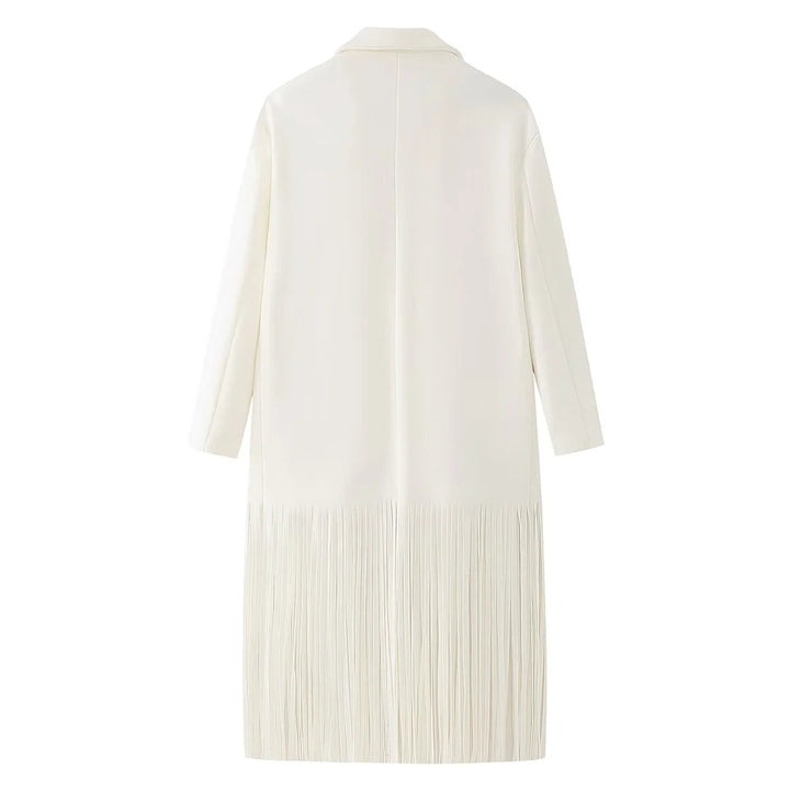 Damen nan langer Fransen‑Mantelblazer mit Plissee‑Saum, Reverskragen und Pattentaschen Drune