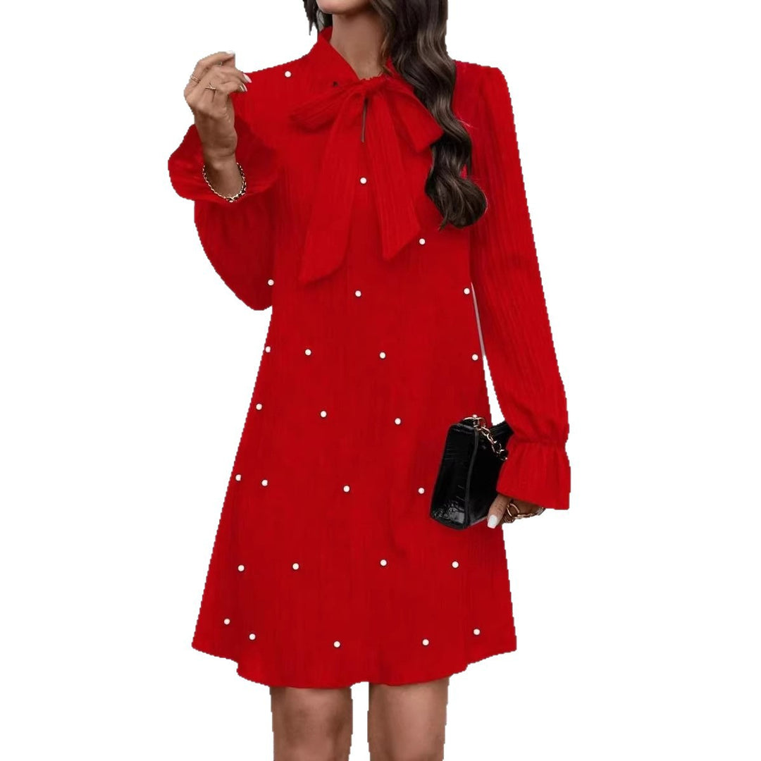 Damen Elegantes Minikleid mit Schleifenkragen und Rüschen Drune