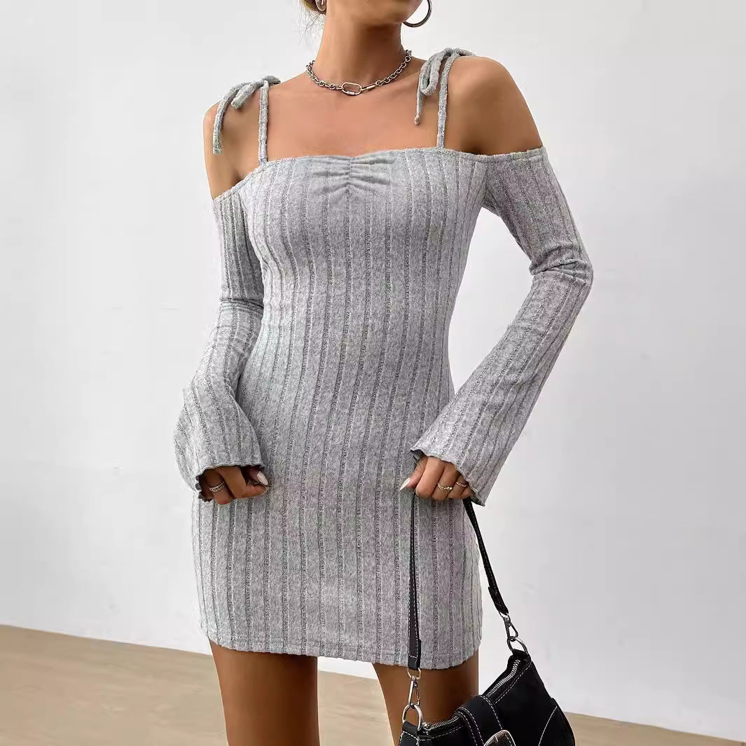 Damen geripptes One-Shoulder-Strickminikleid mit Bindeträgern taillierter Bodycon-Passform Drune