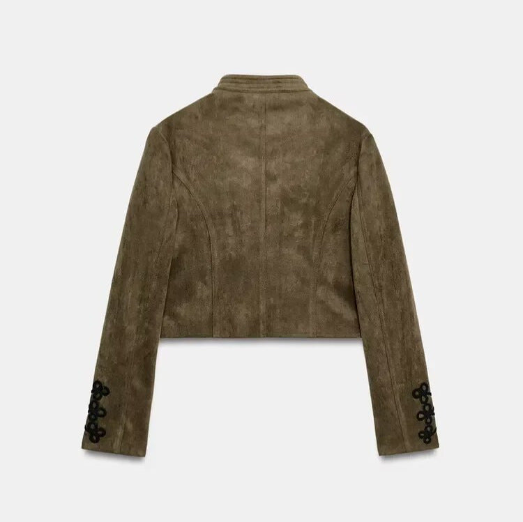 Damen Kurze Velourslederjacke im Military‑Look mit Stehkragen und dekorativen Kordelapplikationen Drune