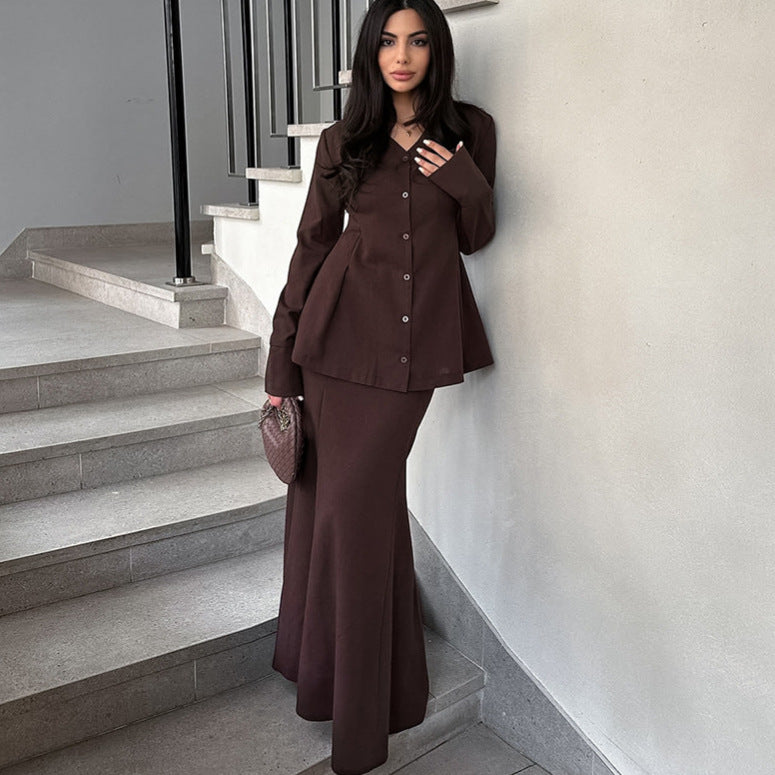 Damen Elegantes Deux-Pieces-Anzugset mit schwingendem Oberteil und bodenlangem Rock Drune