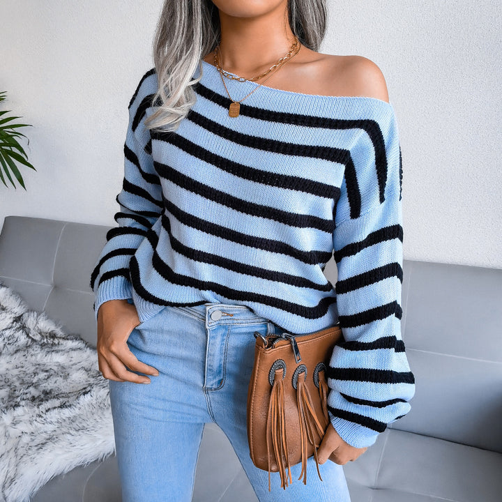 Damen Off-Shoulder Streifenpullover mit lässigem Schnitt Drune