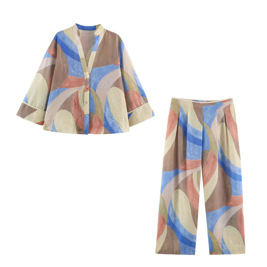 Damen Weite Palazzohose mit abstraktem Aquarellprint und elastischem Bund Drune